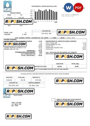 Saudi Arabia AlKawther utility bill, Word and PDF template