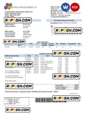 Saudi Quatro United Energy Co. utility bill, Word and PDF template