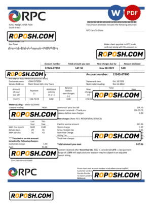 Saudi Arabia Rabigh Power Company utility bill, Word and PDF template