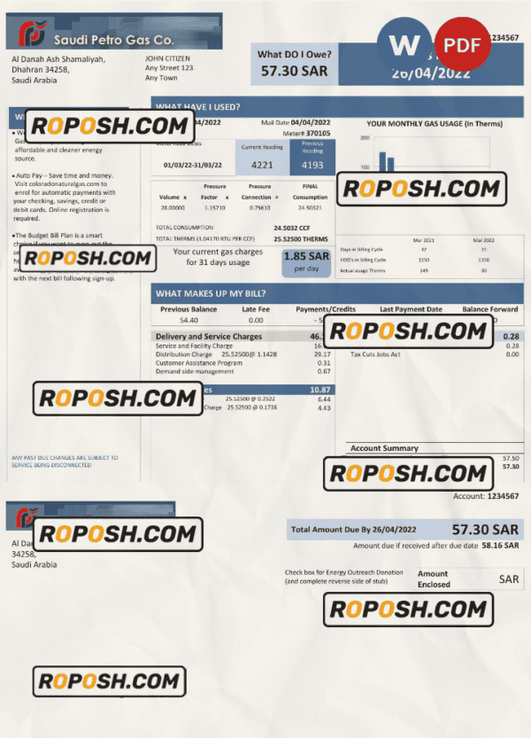 Saudi Arabia Saudi Petro Gas utility bill, Word and PDF template