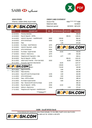 Saudi Arabia SABB bank statement, Excel and PDF template