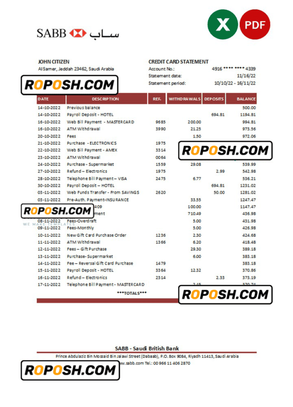 Saudi Arabia SABB bank statement, Excel and PDF template
