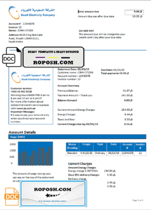 Saudi Arabia Saudi Electricity Company electricity utility bill template in Word and PDF format
