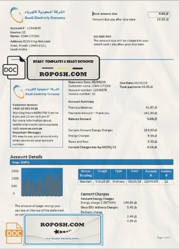 Saudi Arabia Saudi Electricity Company electricity utility bill template in Word and PDF format