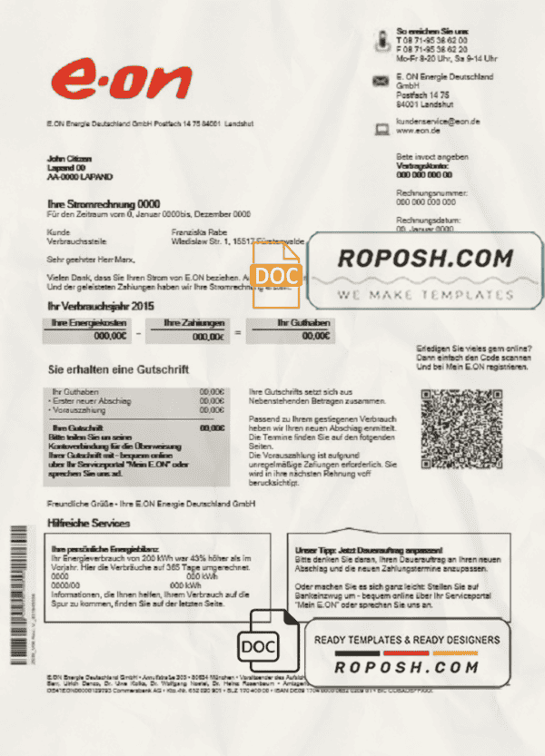 Germany E.ON Energie electricity utility bill template in Word and PDF format
