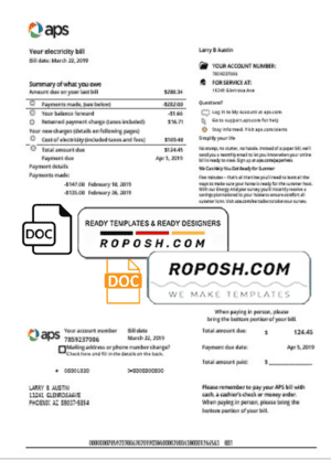 USA Arizona APS electricity proof of address utility bill template in Word and PDF format