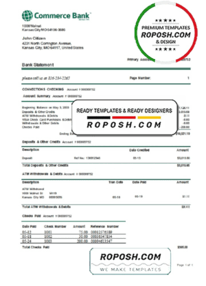 USA Commerce bank proof of address statement template in Word and PDF format