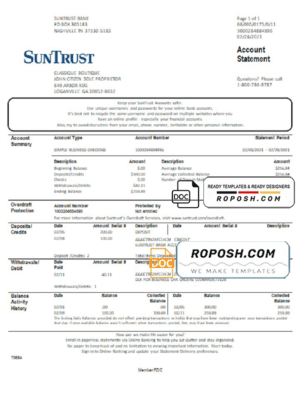 USA Georgia SunTrust bank proof of address statement template in .doc and .pdf format