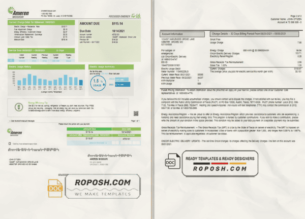 USA Ameren Missouri electricity utility bill template in Word and PDF format (2 pages)