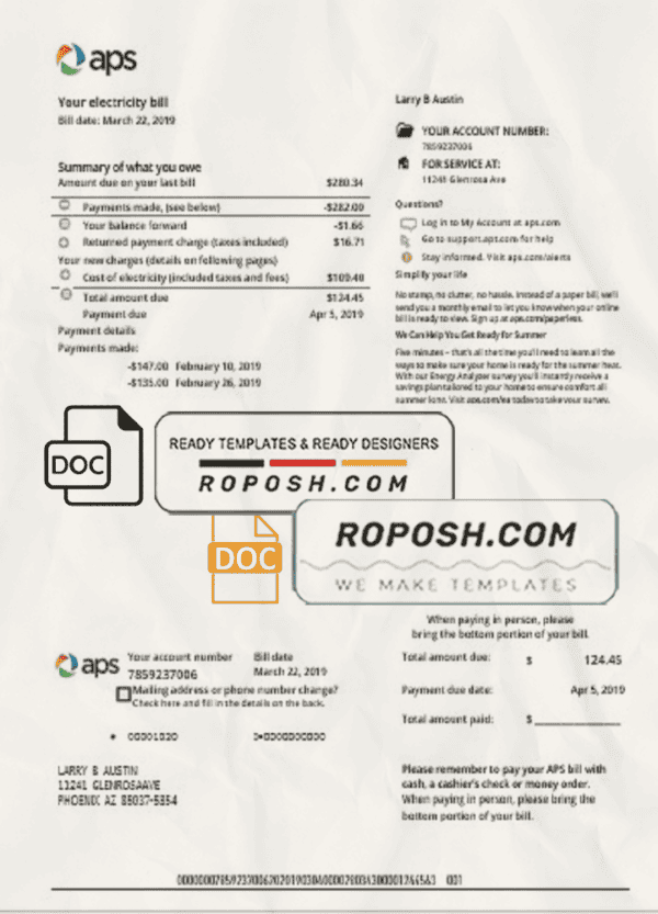 USA Arizona APS electricity proof of address utility bill template in Word and PDF format