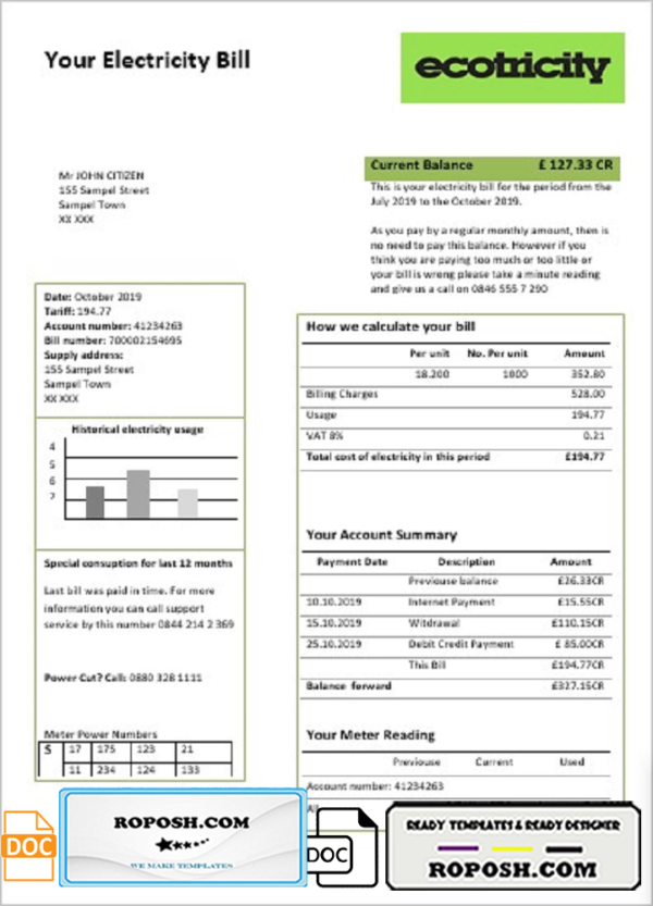 United Kingdom Ecotricity electricity utility bill template in Word and PDF format (.doc and .pdf)