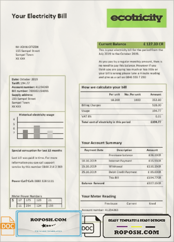 United Kingdom Ecotricity electricity utility bill template in Word and PDF format (.doc and .pdf) scan effect