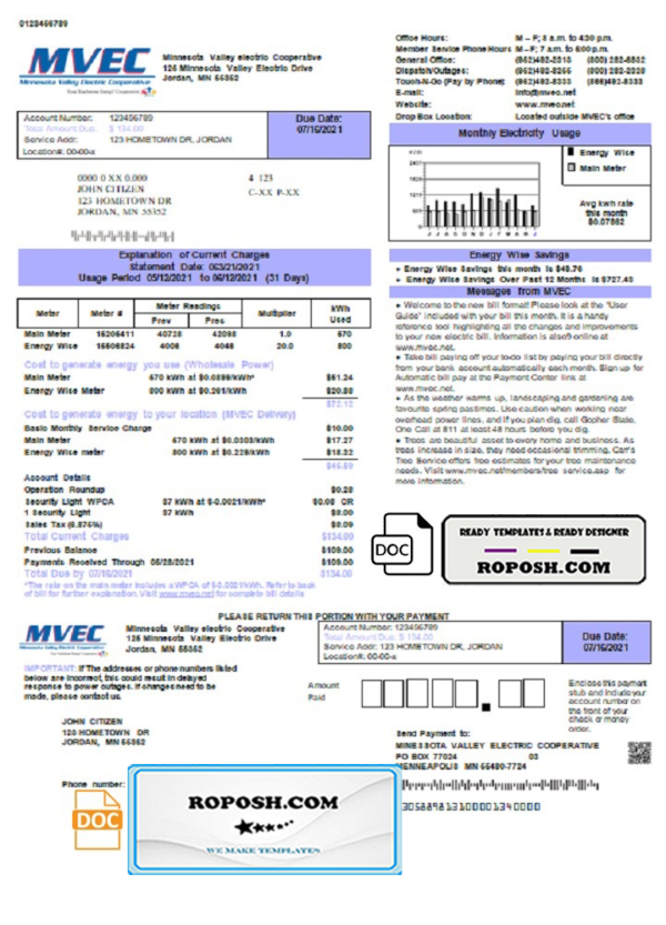 USA Minnesota Valley Electric Cooperative (MVEC) utility bill template in Word and PDF format