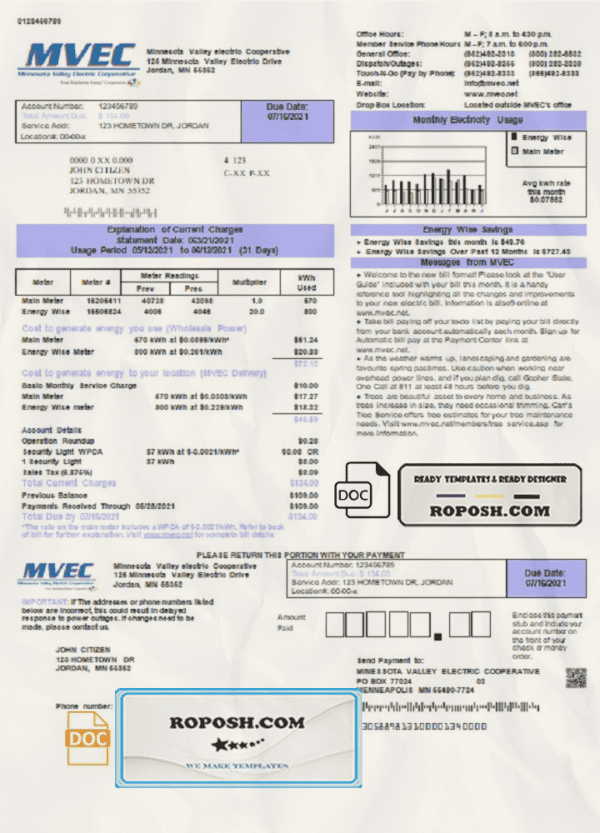 USA Minnesota Valley Electric Cooperative (MVEC) utility bill template in Word and PDF format