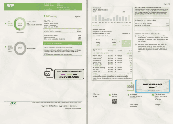 USA Maryland Baltimore Gas and Electric (BGE) utility bill template in Word and PDF format (2 pages)