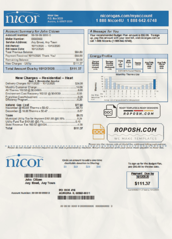 USA Illinois Nicor gas utility bill template in Word and PDF format