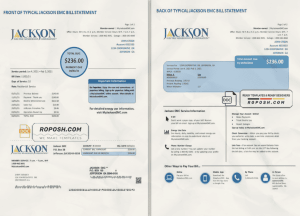 USA Georgia JACKSON EMC utility bill template in Word and PDF format (2 pages)