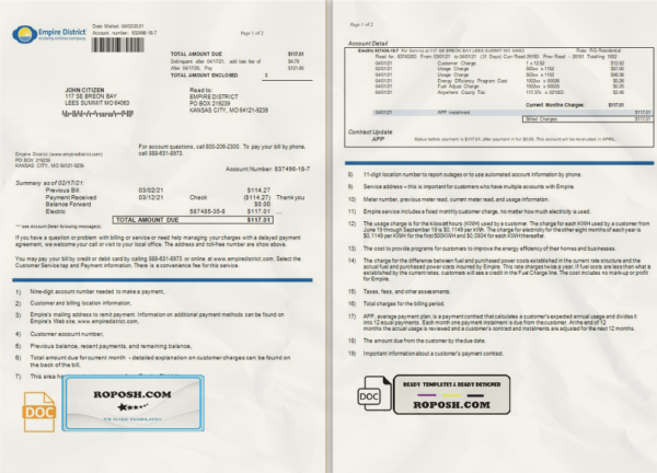 USA Empire District Electric Company utility bill template in Word and PDF format (2 pages) scan effect