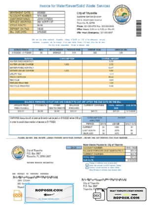 USA City of Titusville Florida utility bill template in Word and PDF format (.doc and .pdf)