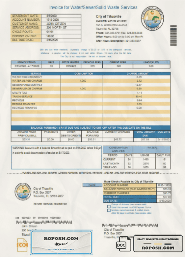 USA City of Titusville Florida utility bill template in Word and PDF format (.doc and .pdf)