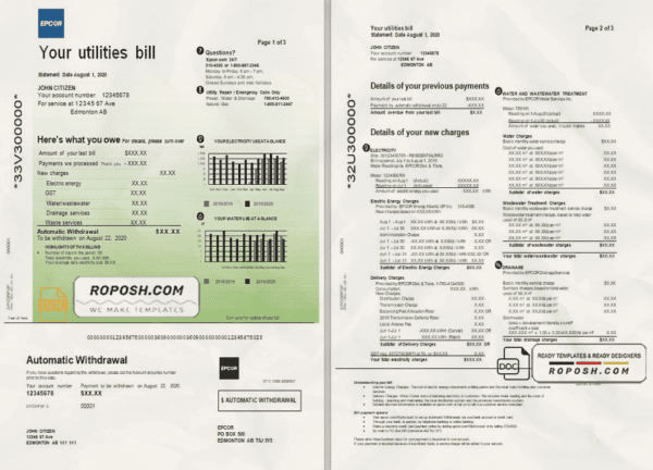 Canada Epcor electricity utility bill template in Word and PDF format, 3 pages