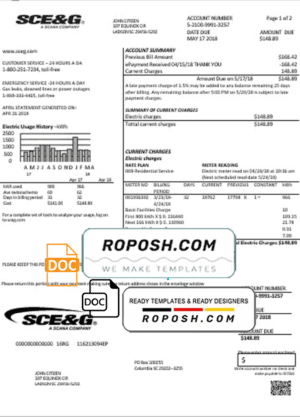 USA South Carolina SCE&G electricity utility bill template in Word and PDF format