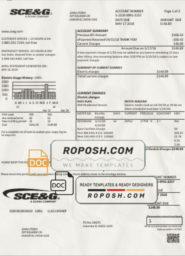 USA South Carolina SCE&G electricity utility bill template in Word and PDF format
