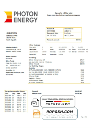 Czech Republic Photon Energy utility bill template in Word and PDF format