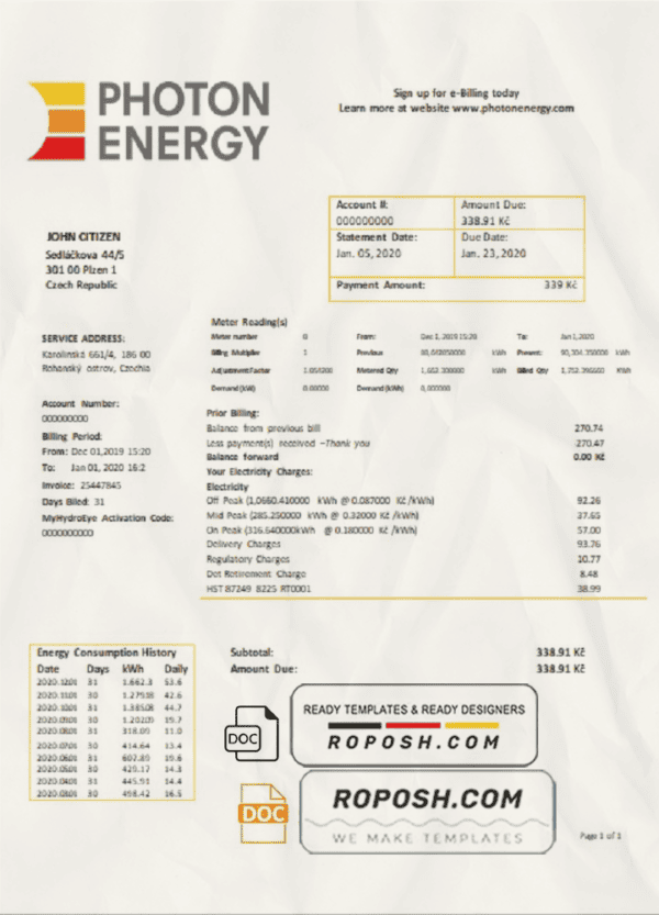 Czech Republic Photon Energy utility bill template in Word and PDF format