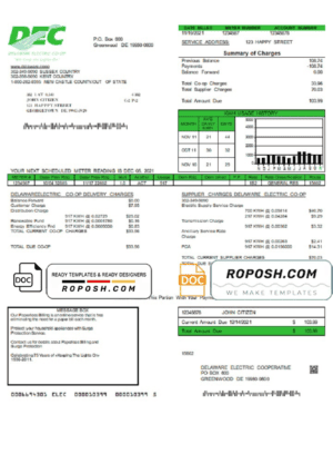 USA Delaware Electric Co-op utility bill template in Word and PDF format