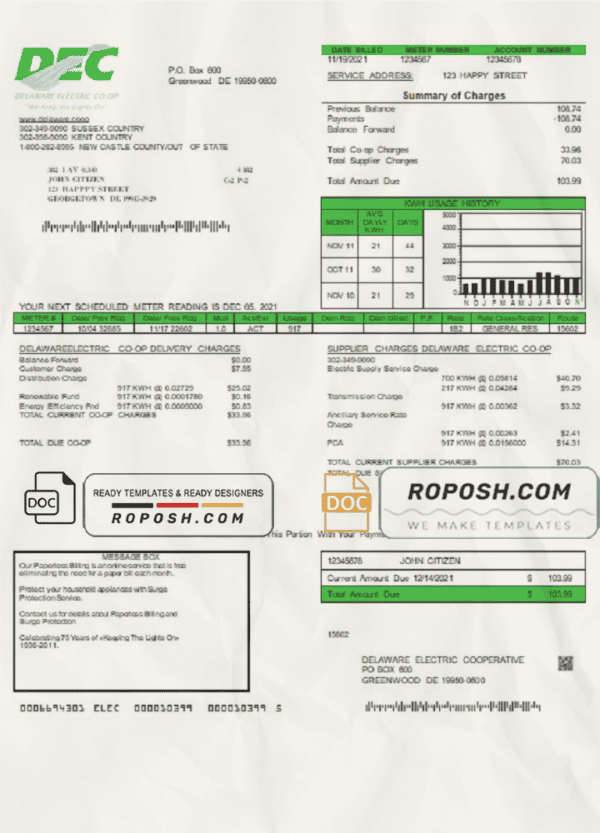 USA Delaware Electric Co-op utility bill template in Word and PDF format