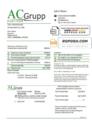 Estonia AC Grupp OÜ electricity utility bill template in Word and PDF format