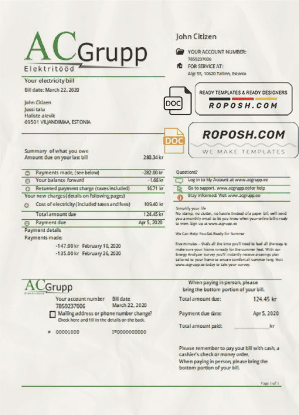 Estonia AC Grupp OÜ electricity utility bill template in Word and PDF format