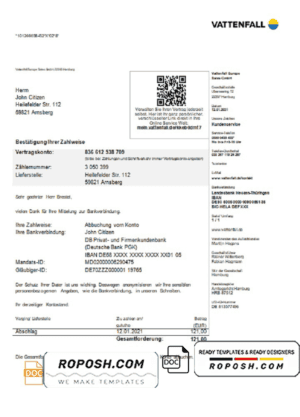 Germany VATTENFALL utility bill template in Word and PDF format (in German language)