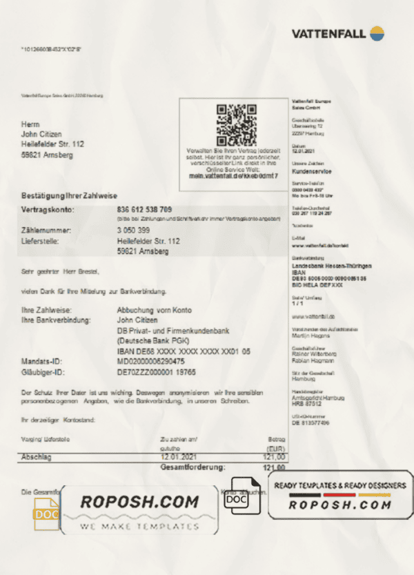 Germany VATTENFALL utility bill template in Word and PDF format (in German language)