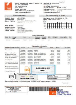Ghana PDS electricity utility bill template in Word and PDF format