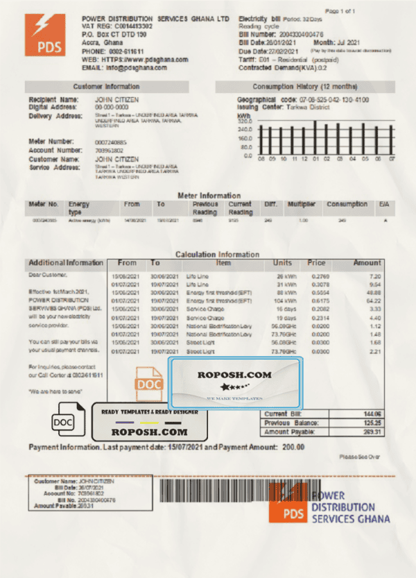 Ghana PDS electricity utility bill template in Word and PDF format