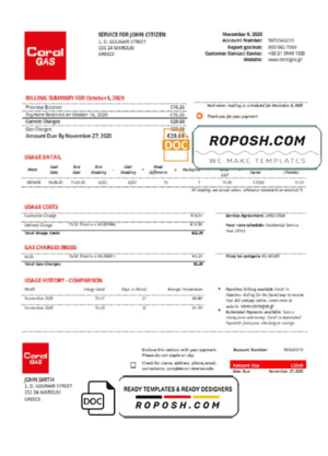 Greece CORAL GAS utility bill template in Word and PDF format