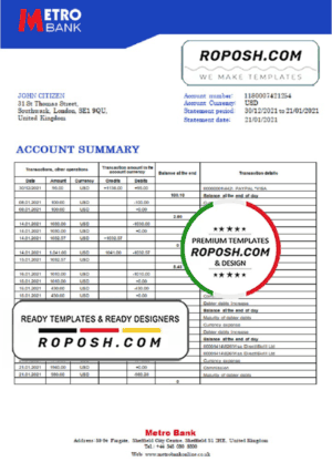 United Kingdom Metro Bank statement template in Word and PDF format