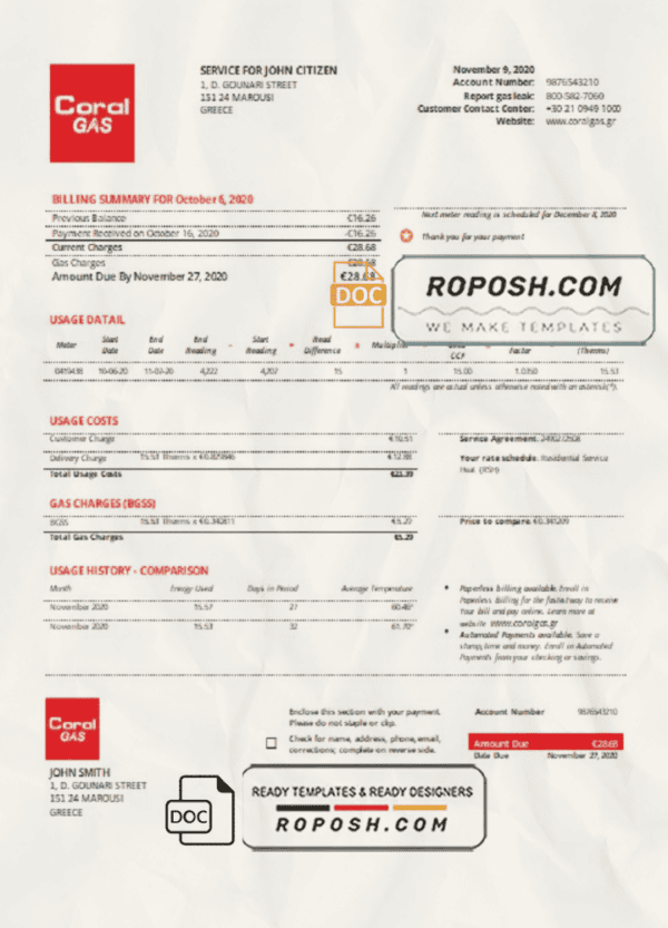 Greece CORAL GAS utility bill template in Word and PDF format