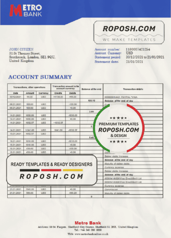 United Kingdom Metro Bank statement template in Word and PDF format
