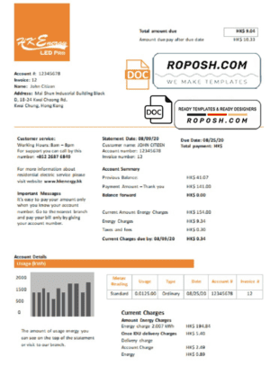 Hong Kong Energy Ltd utility bill template in Word and PDF format