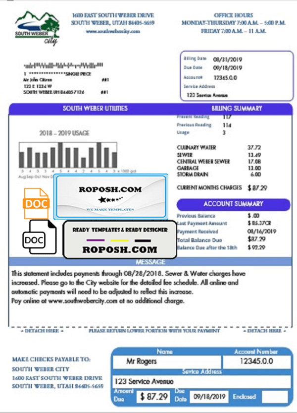 USA South Weber City Utah water utility bill template in Word and PDF format