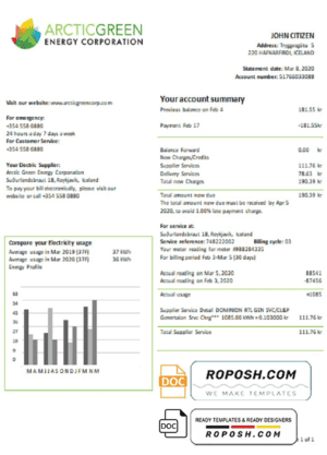 Iceland Arctic Green Energy Corporation electricity utility bill template in Word and PDF