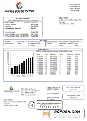 Indonesia Global Energy Power utility bill template in Word and PDF format