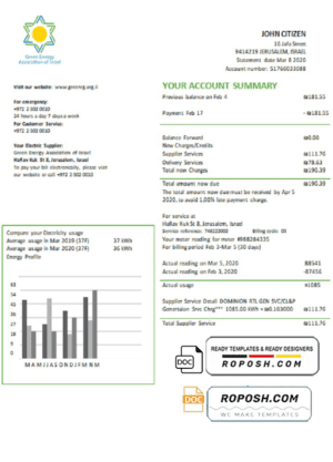 Israel Green Energy Association of Israel utility bill template in Word and PDF format (doc)