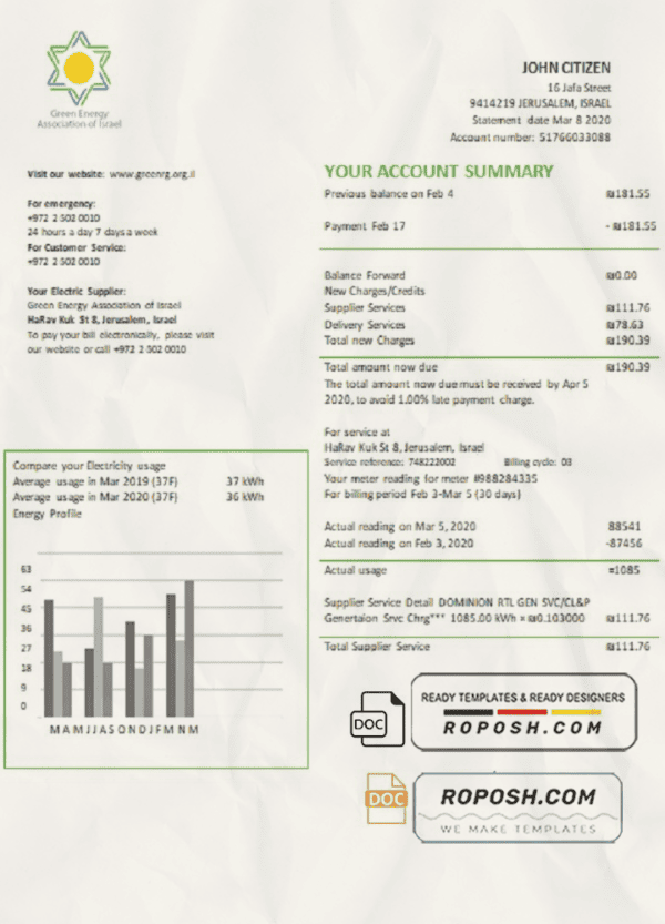 Israel Green Energy Association of Israel utility bill template in Word and PDF format (doc)