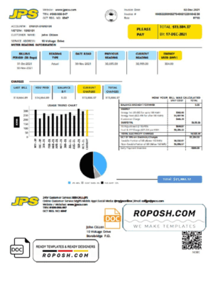 Jamaica Public Service Company Limited (JPS) electricity utility bill template in Word and PDF format