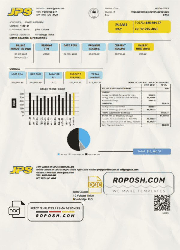 Jamaica Public Service Company Limited (JPS) electricity utility bill template in Word and PDF format