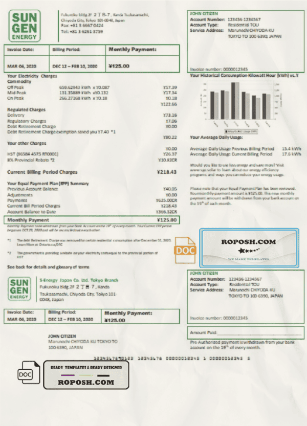 Japan S-Energy Japan Co. Ltd. Tokyo Branch utility bill template in Word and PDF format